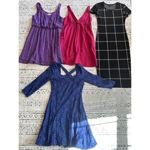 Lot of 4 Women's Dresses - Purple Lace, Pink V-Neck, Blue Lace, Black Checkered